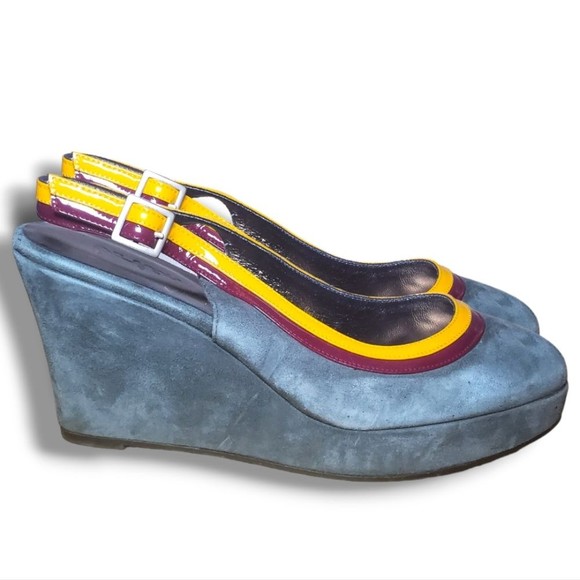 #271 Vintage Boden Slingback Wedge Heel Pumps 41 10 Shoes AR403 Gray Yellow Red - Picture 3 of 9